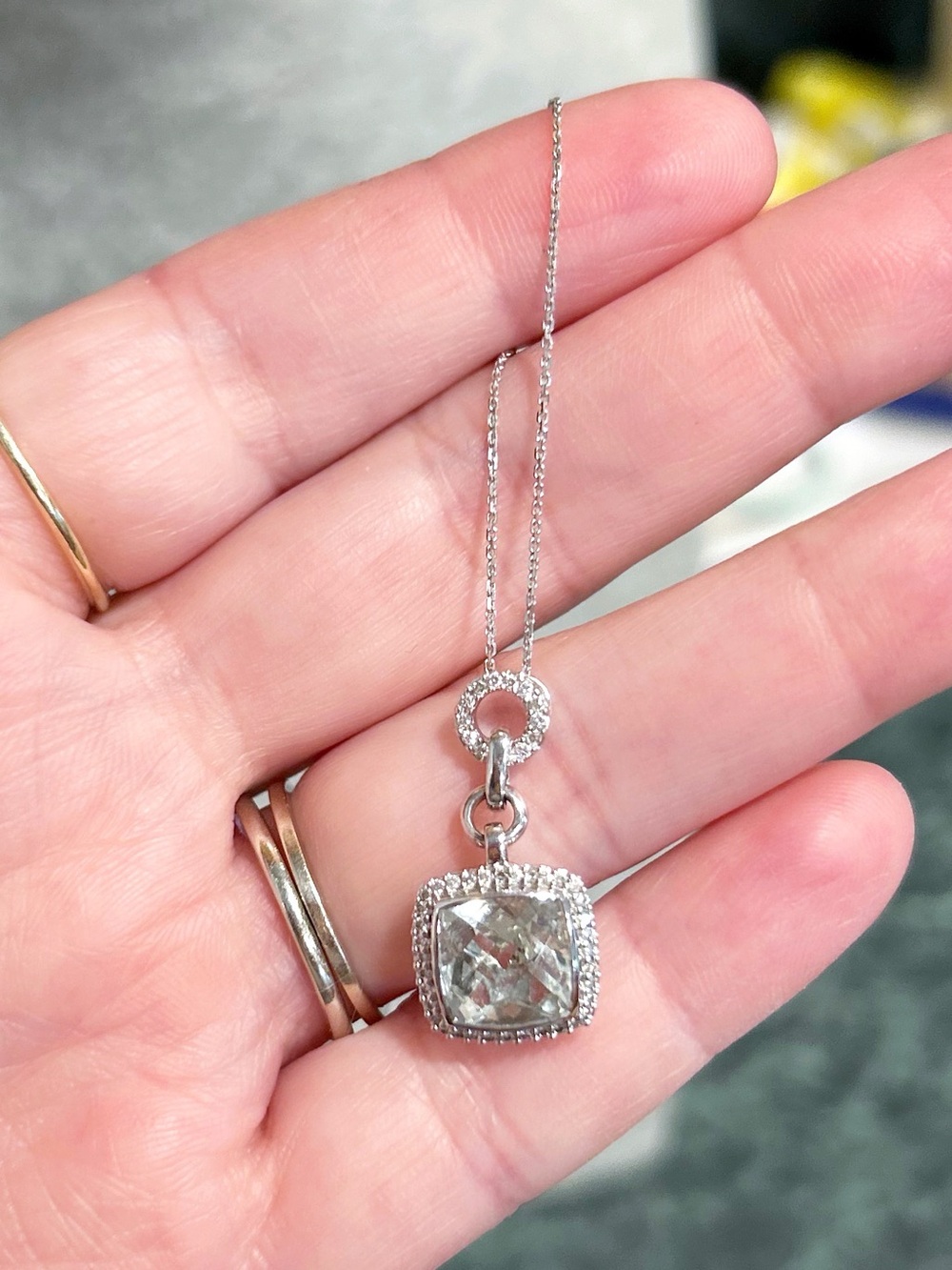 14kt White Gold, Cushion Cut Prasiolite with Natural Diamond Halo Necklace